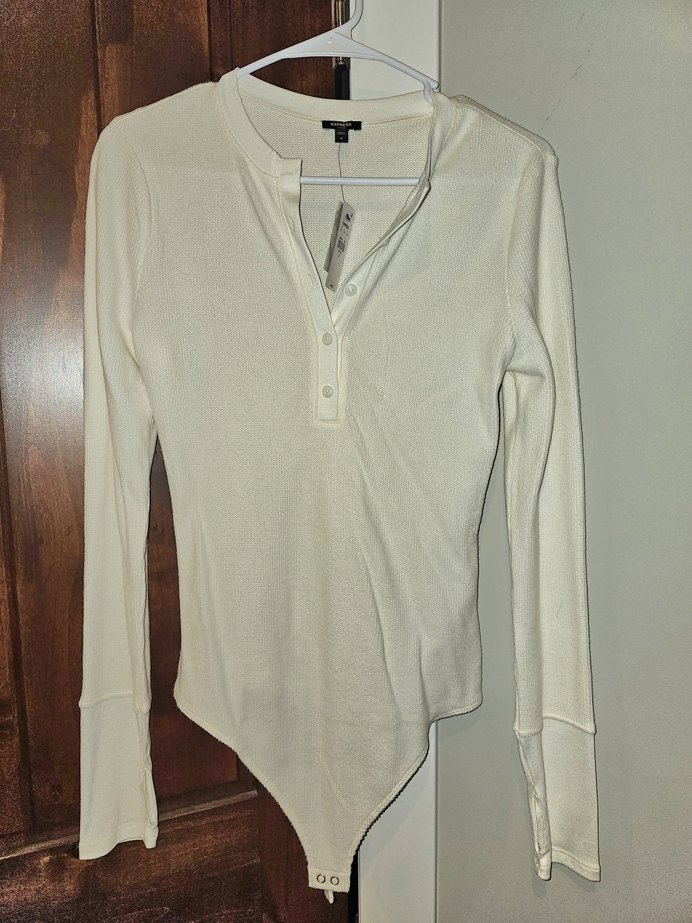 NWT Express Light Cream Long Sleeve Ribbed Henley Bodysuit